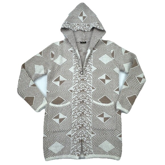 ZEVA Beige White Geometric Hooded Cardigan Sweater Coat Zip Front Pockets L - Picture 2 of 9
